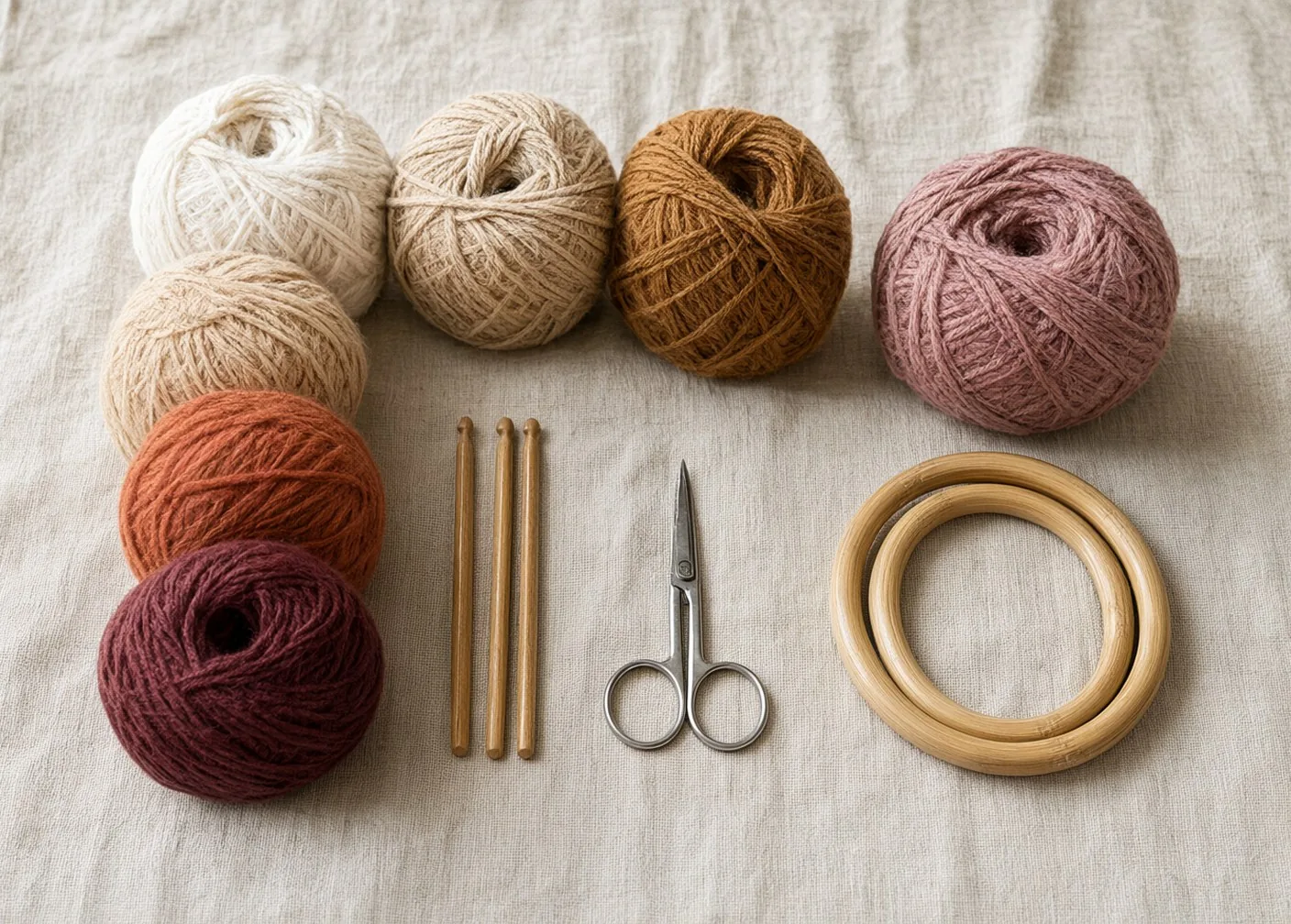Gomitoli di cotone nei colori di Nodì, uncinetti in legno, forbici e manici in bambù su lino