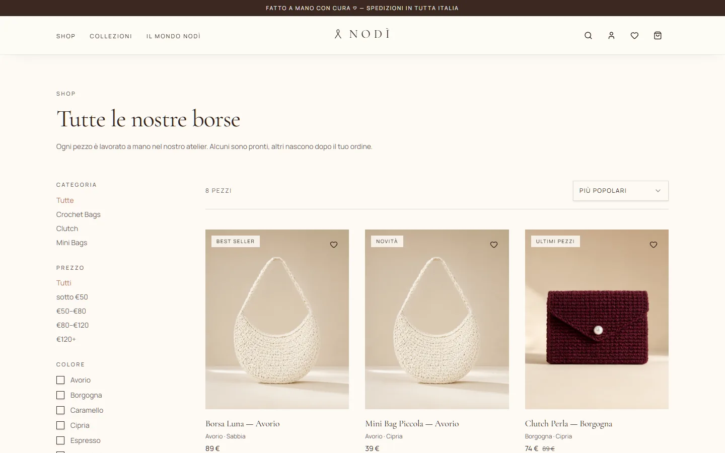 Pagina shop di Nodì su desktop: filtri per categoria, prezzo e colore e griglia delle borse con etichette