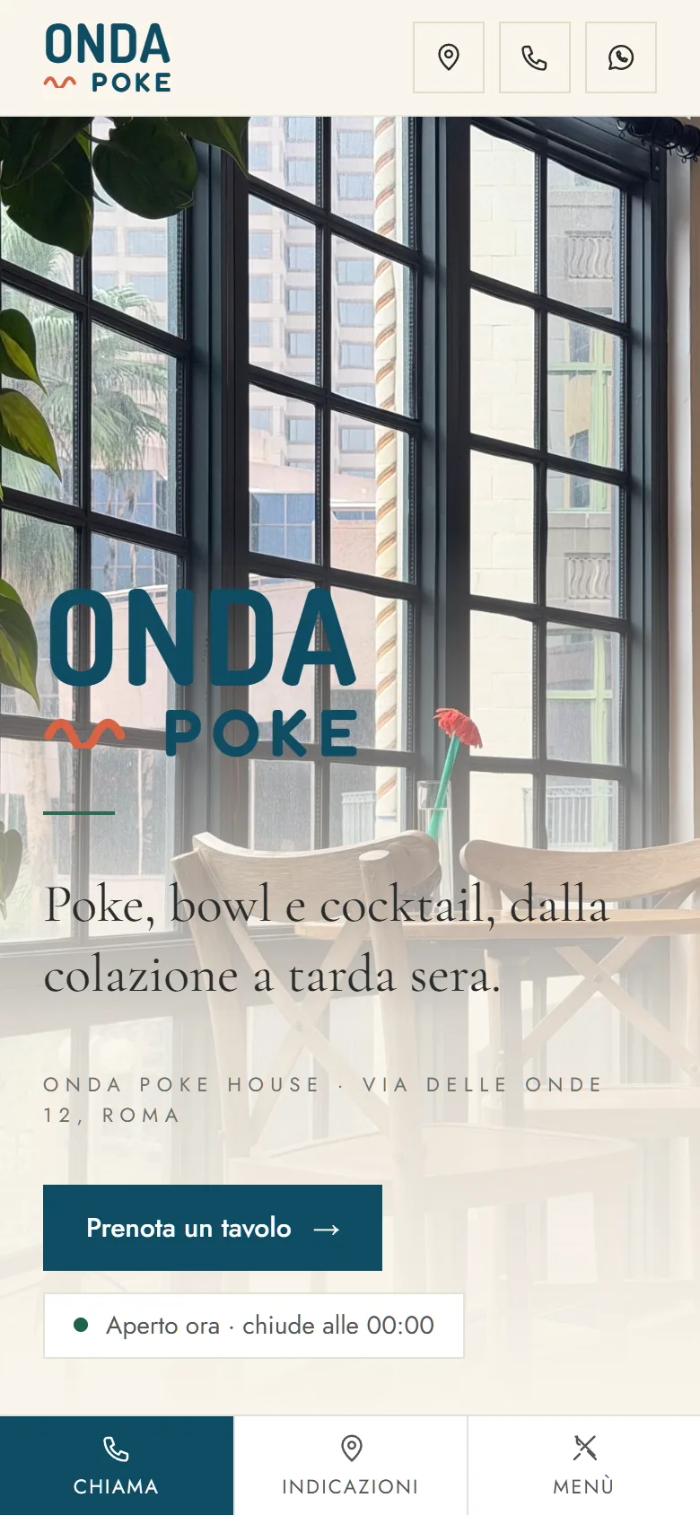 Home page di Onda Poke su smartphone con barra fissa per chiamare, trovare il locale e aprire il menù